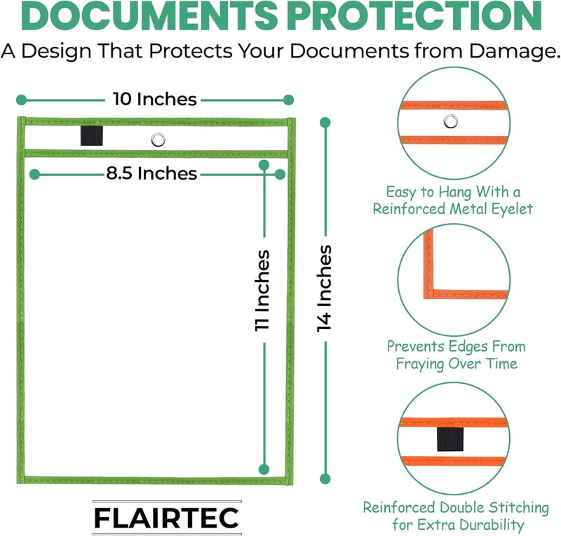 FLAIRTEC 7-Pack Dry Erase Pockets – 10x14 Heavy Duty Sleeves with Cloth Binding – Fits 8.5x11 or 9x12 Worksheets – Includes 1 Ring and 1 Hook – Classroom and Office Use - Image 2